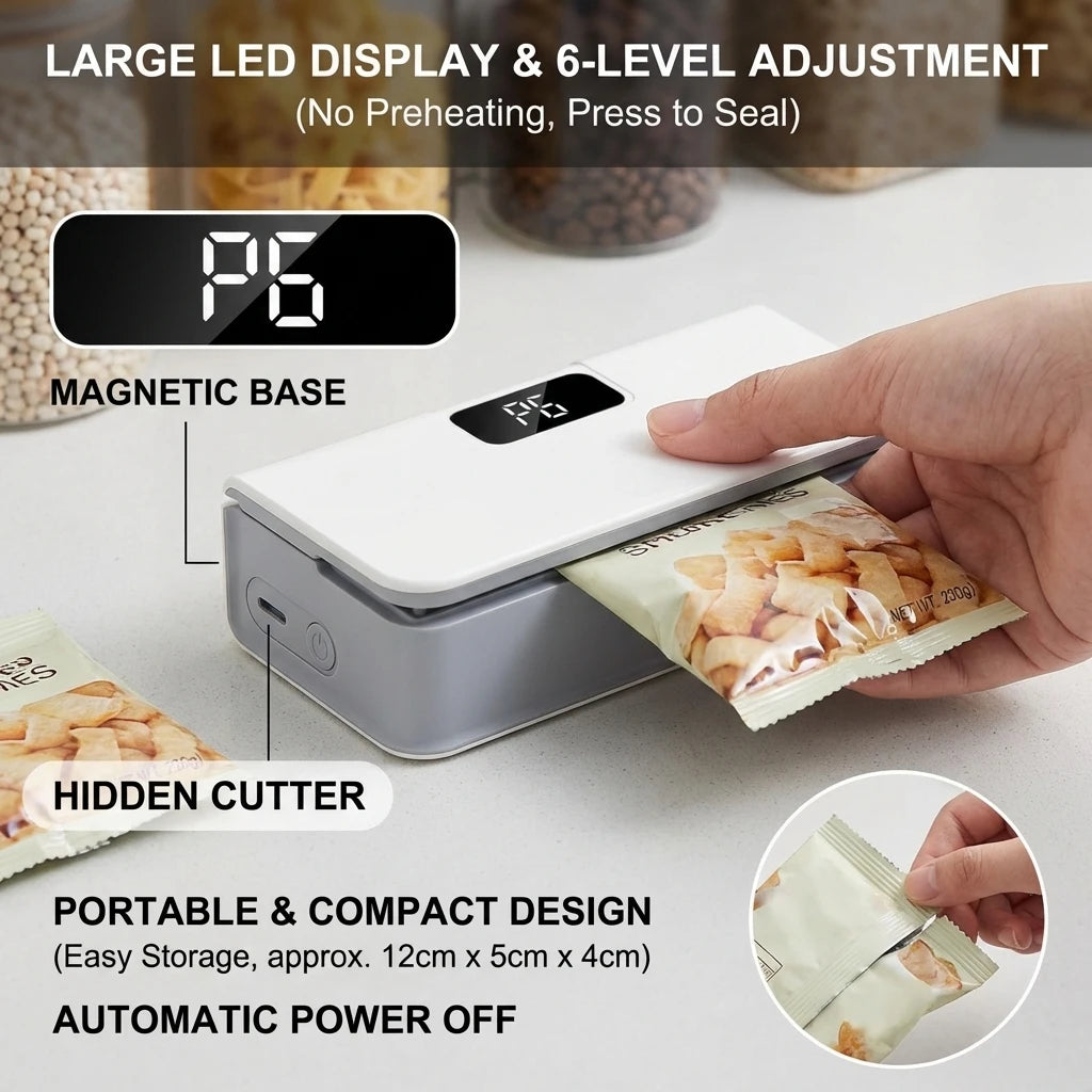 Sellador Térmico de Bolsas 2 en 1 Recargable con Pantalla LED para Cocina y Alimentos